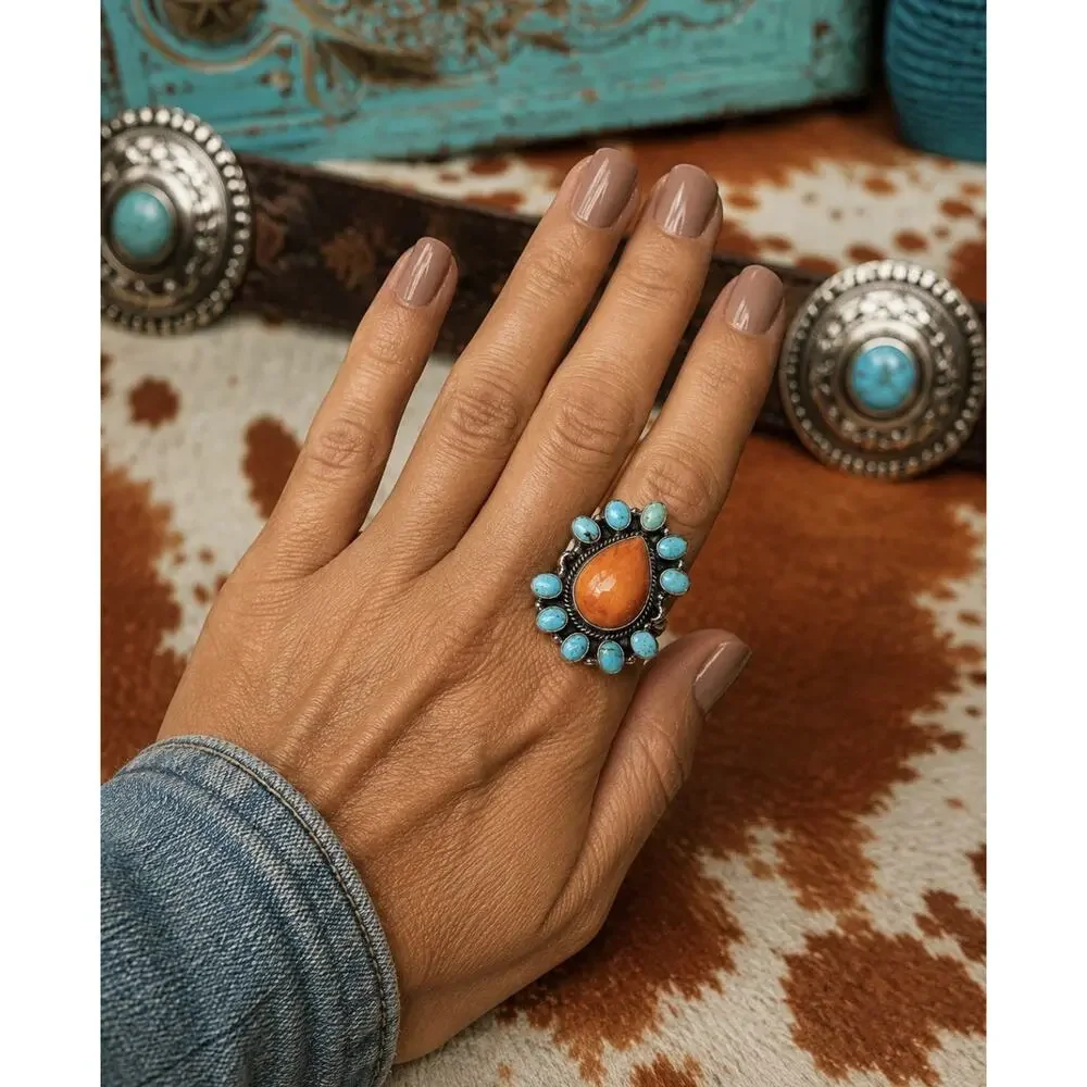 Gorgeous Turquoise Ring With Large Orange Spidy Teardrop Set In Sterling Silver